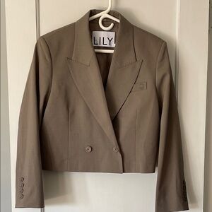 Lily Women's pewter/brown color. DBL Breasted blazer.Lined. Sheep wool blend.
